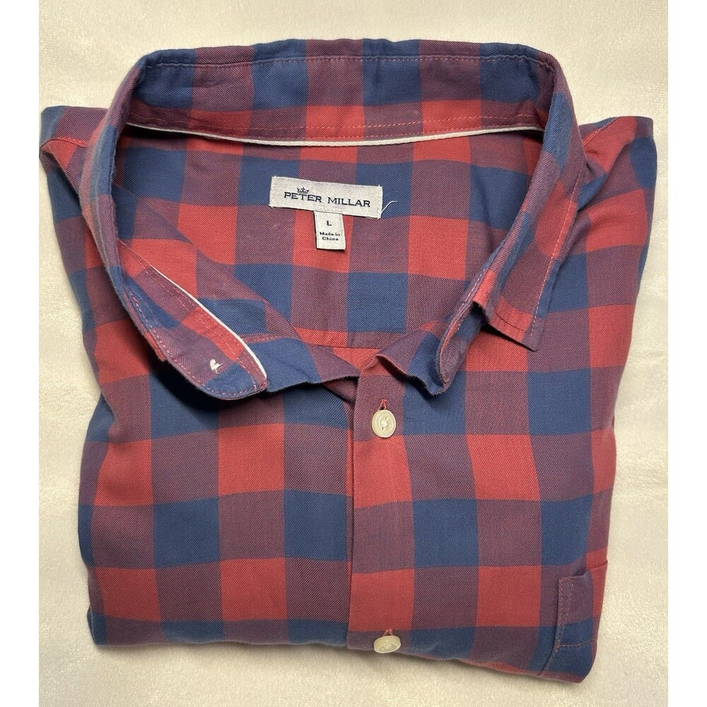 Peter Millar Men’s Red Blue Check Plaid Button Down Size L Large 16/34 Cotton